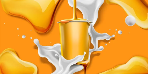 Salpicar Yogur Miel Con Recipiente Blanco Ilustración — Vector de stock