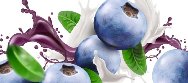 Closeup Melihat Blueberry Dan Percikan Yogurt Atau Susu Pada Latar - Stok Vektor