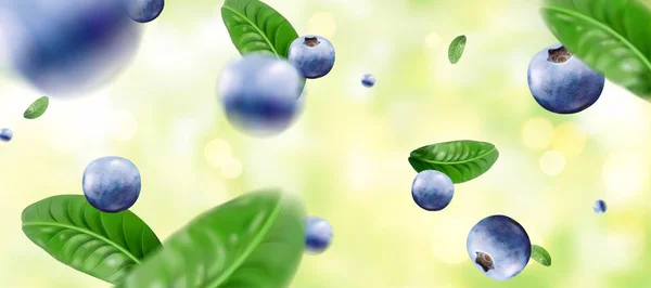 Blueberries Leaves Dropped Sky Illustration Glitter Green Bokeh Background — Stock Vector