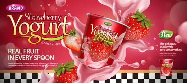 插画在现代红色背景下的新鲜水果飞溅草莓酸奶 — 图库矢量图片