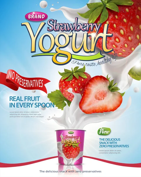 Cartel Yogur Fresa Con Rellenos Salpicantes Fruta Sobre Fondo Iluminación — Archivo Imágenes Vectoriales