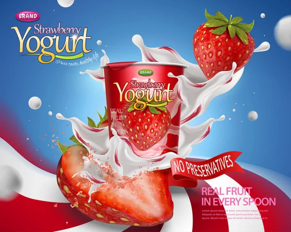 Dynamiska Strawberry Yoghurt Annons Med Stänk Fyllningar Och Frukt Virvel — Stock vektor