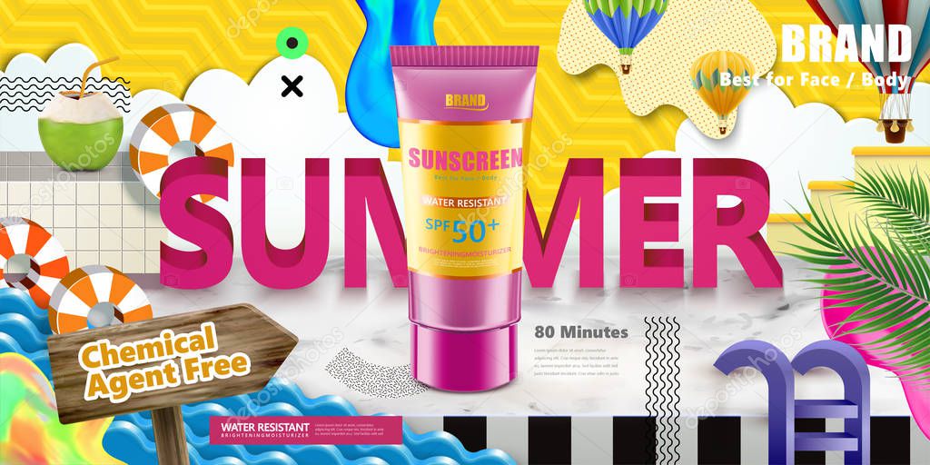 Sunscreen tube on colorful paper cut summer scene in 3d illustration