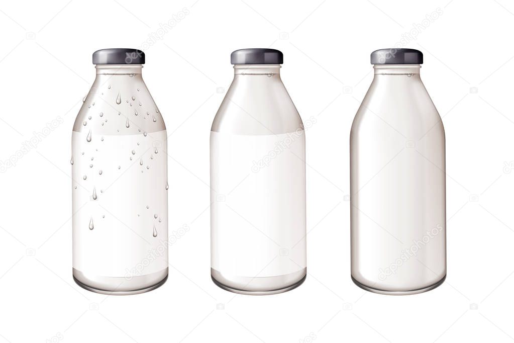 Blank glass bottle mockup in 3d illustration on white background