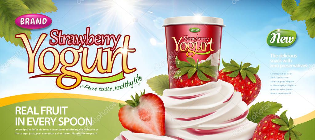Strawberry yogurt with creamy texture and refreshing fruit on blue sky background in 3d illustration