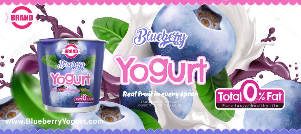 Blueberry yogurt ad with splashing ingredients behind the container on white background in 3d illustration