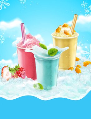 Mango, çilek ve soda tatlar, 3d illüstrasyon kar taneleri ile buzlu mavi arka plan ile paket servisi Kupası yaz buz tıraş