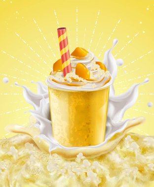 Mango buz süt 3d resimde sarı buzlu zemin üzerine sıçramasına ile paket servisi Kupası traş