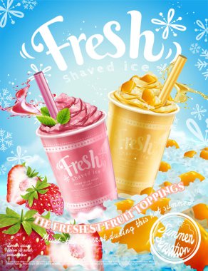 Yaz donmuş buz tıraş poster 3d çizim serinletici meyve ve soslar, çilek ve mango tatlar ile