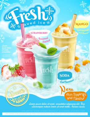 Yaz donmuş buz tıraş poster çilek ile mango ve soda tatlar 3d çizim, serinletici meyve ve Topingler