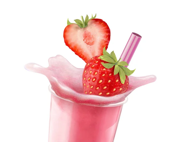 Glace Fraise Isolée Rasée Avec Éclaboussures Liquides Fruits Frais Illustration — Image vectorielle