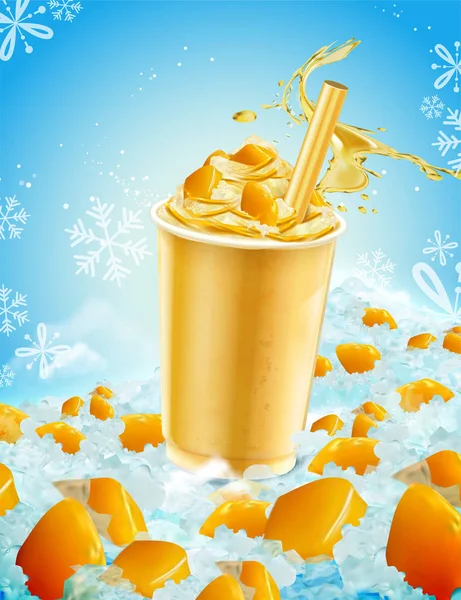 Isolated Mango Ice Shaved Takeout Cup Splashing Liquid Fruit Illustration — Stock Vector