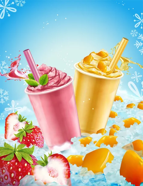 Sommer Eisbecher Zum Mitnehmen Mango Und Erdbeeraromen Illustration Mit Frischen — Stockvektor