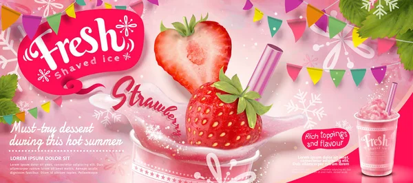草莓冰剃光广告与新鲜水果在3D 粉红色党的装饰与雪花 — 图库矢量图片