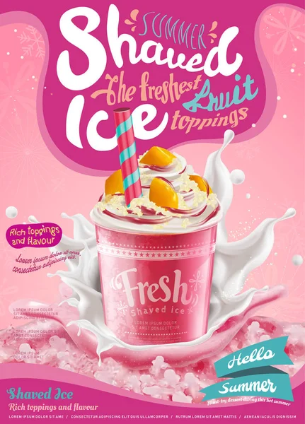 草莓冰剃的海报与飞溅的牛奶在3D 粉红色背景与雪花 — 图库矢量图片