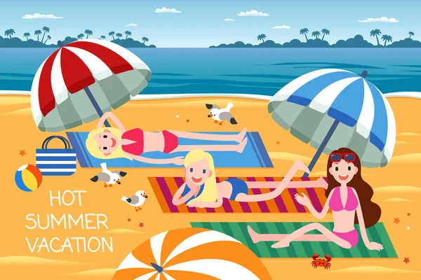 Vacaciones Verano Con Tres Mujeres Disfrutando Bronceado Playa Diseño Plano — Vector de stock