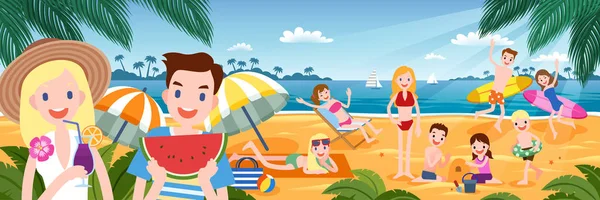 Fiesta Playa Tropical Con Gente Disfrutando Calurosa Hora Verano Diseño — Archivo Imágenes Vectoriales