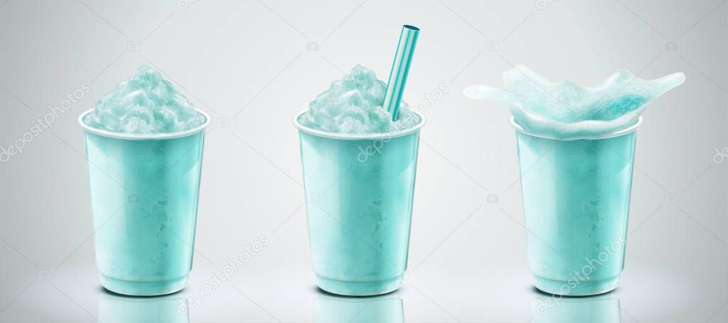Set of soda ice shaved in takeaway cup, 3d illustration drink mockup template
