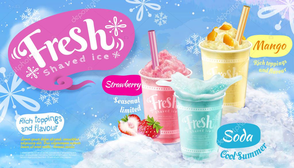Summer frozen ice shaved poster with strawberry, mango and soda flavors in 3d illustration, blue snowflakes background