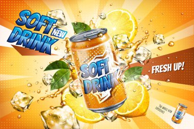Alkolsüz içecek reklamları dilimlenmiş limon ve 3d çizim içinde yüzen buz küpleri