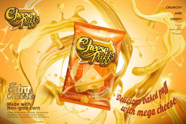 Peynir malzemeler 3d çizim, turuncu tonda sıçramasına ile paket tasarımı puffs