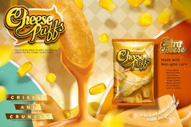 Peynir Mısır puffs reklamlarla bukleler lezzetli bir sos, ambalaj tasarımı 3d resimde daldırma