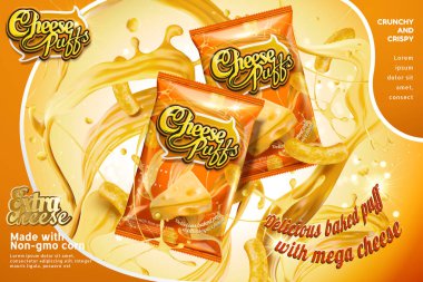 Peynir malzemeler 3d çizim, turuncu tonda sıçramasına ile paket tasarımı puffs