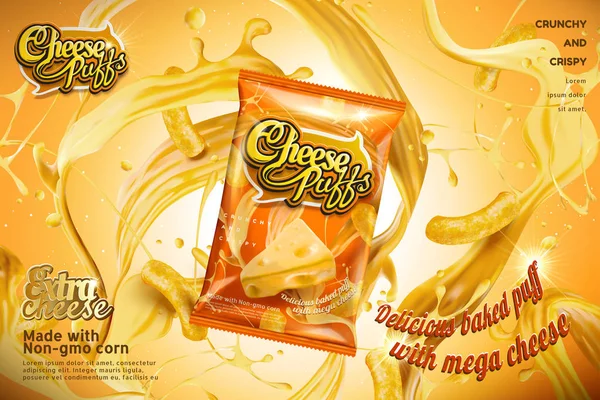 Cheese Puffs Package Design Splashing Ingredients Illustration Orange Tone — Stock Vector