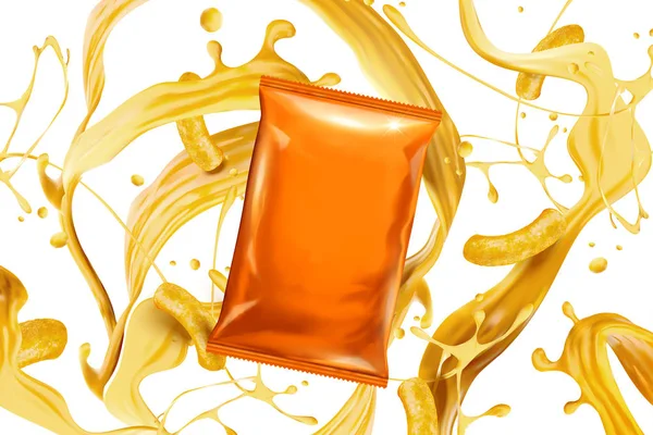 Bolso Papel Naranja Blanco Con Salsa Queso Salpicado Rizos Ilustración — Vector de stock