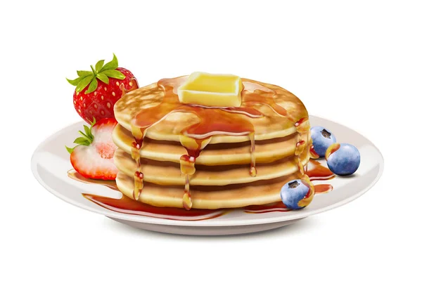 Köstliche Flauschige Pfannkuchen Mit Honigbutter Toppings Und Frischem Obst Illustration — Stockvektor