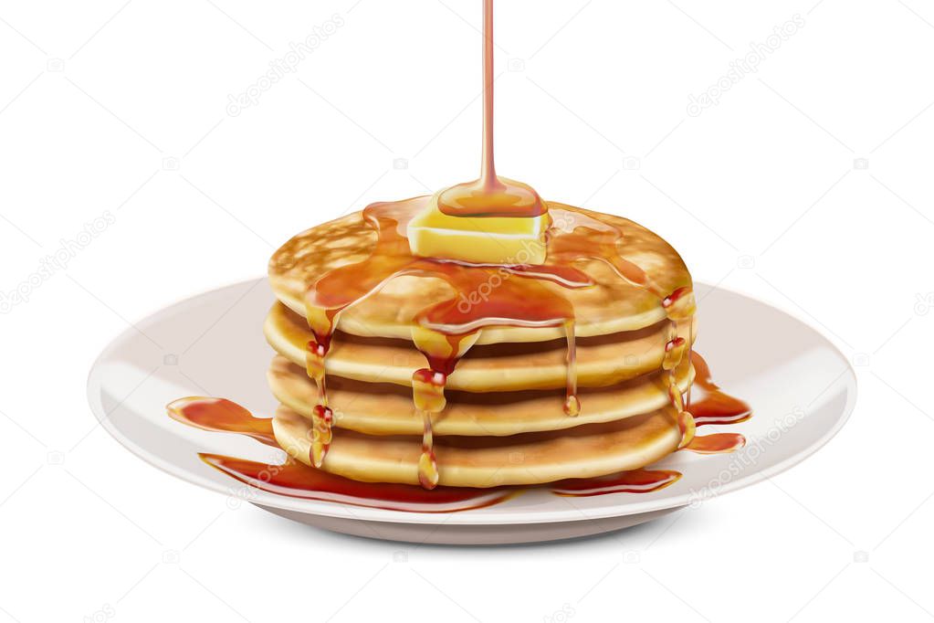 Delicious fluffy pancake with honey butter toppings in 3d illustration, white background