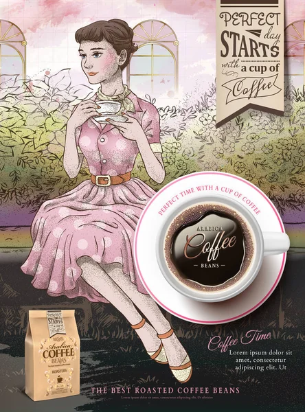 Grãos Café Anúncios Com Senhora Elegante Ter Chá Tarde Jardim — Vetor de Stock