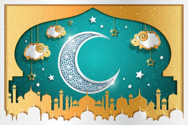 Islamic Holiday Background Design Carved Crescent Sheep Hanging Sky Mosque — Stock Vector