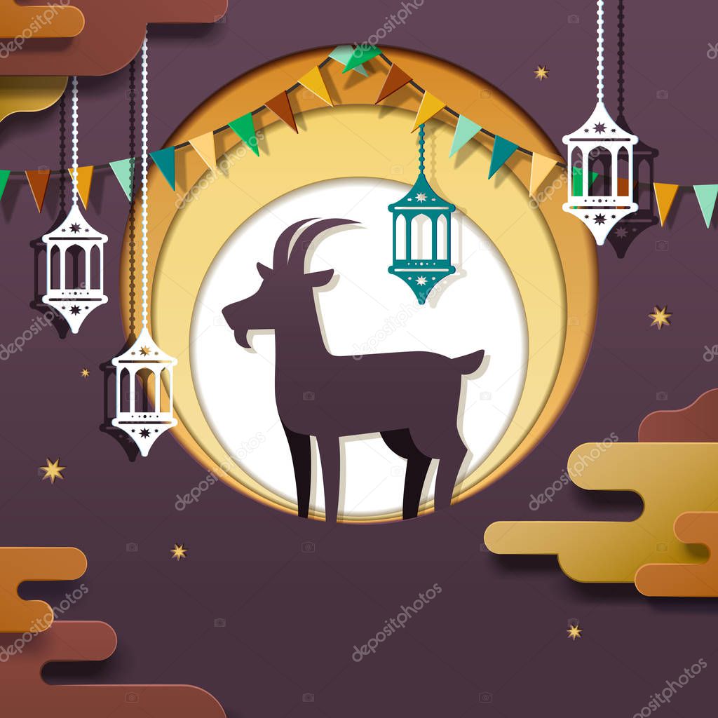 Eid al adha design in paper art style with goat and lanterns elements