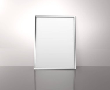 Parlak gümüş renkli fotoğraf çerçevesi ile 3d render duvara yaslanmış boş kopya alanı