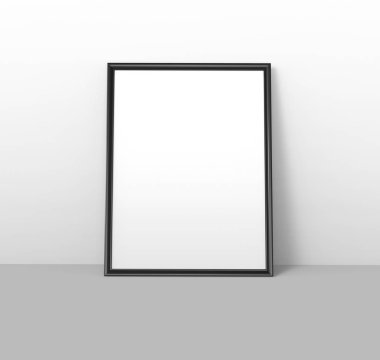 Siyah renkli fotoğraf çerçevesi ile 3d render duvara yaslanmış boş kopya alanı
