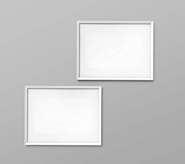 3d render gri duvarda asılı boş kopya alanı ile beyaz fotoğraf çerçeveleri