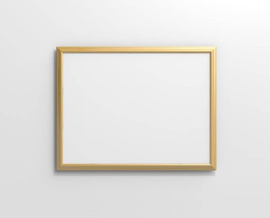 Mat altın rengi fotoğraf çerçevesi ile 3d render duvarda asılı boş kopya alanı