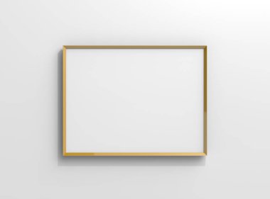 Mat altın rengi fotoğraf çerçevesi ile 3d render duvarda asılı boş kopya alanı