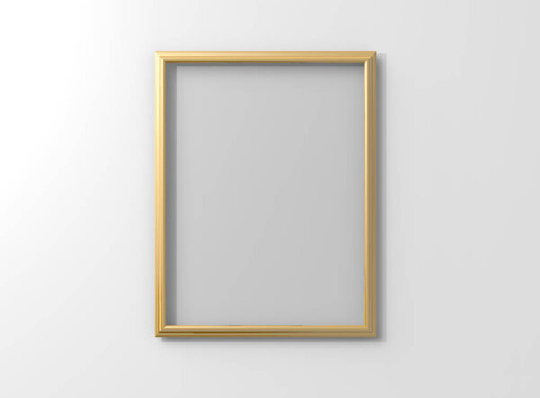 Isolated matte gold color photo frame hanging on the wall in 3d rendering