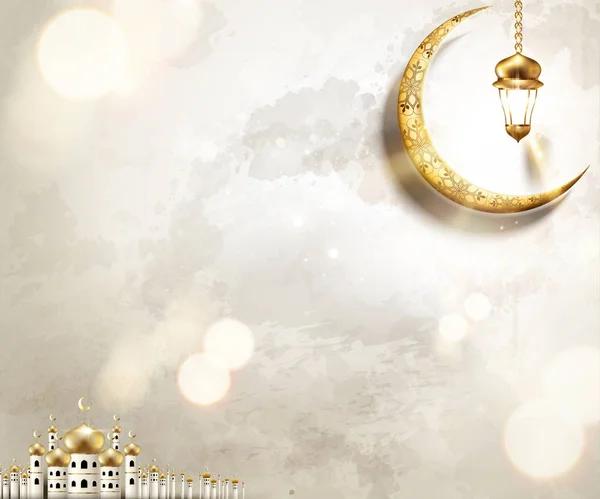 阿拉伯文节日设计与清真寺和金黄新月在珍珠白色背景 — 图库矢量图片