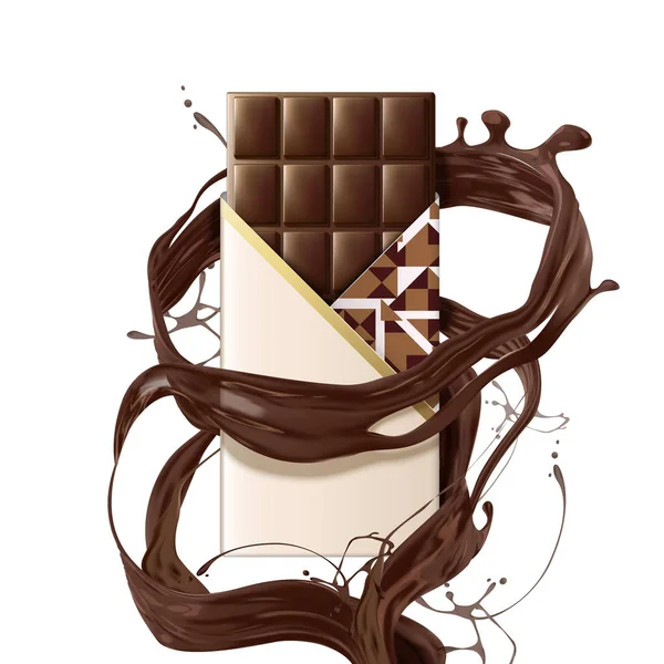 Barra Chocolate Suave Con Salsa Giratoria Sobre Fondo Blanco Ilustración — Archivo Imágenes Vectoriales