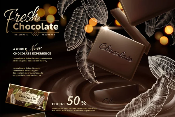 Premium Chocolade Advertenties Illustratie Met Gegraveerde Cacao Planten Elementen Bokeh — Stockvector