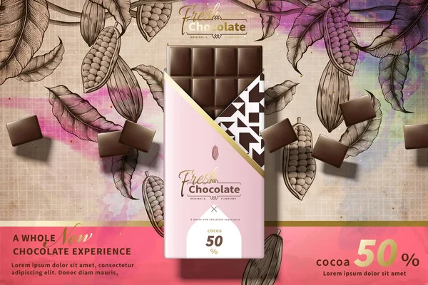 Anúncios Chocolate Premium Com Pacote Rosa Ilustração Fundo Plantas Cacau — Vetor de Stock