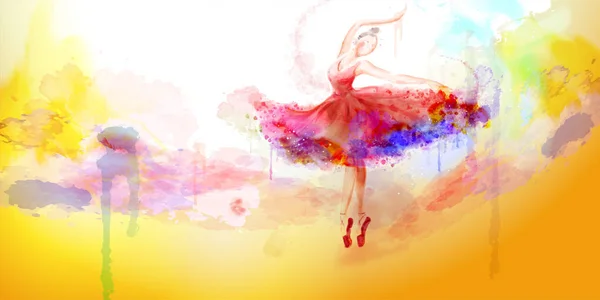 カラフルなペイント ストロークと踊るエレガントな水彩風のバレリーナ — ストックベクタ
