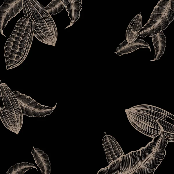 Рослина Какао Прикрашена Рамкою Стилі Гравіювання Чорний Фон — стоковий вектор