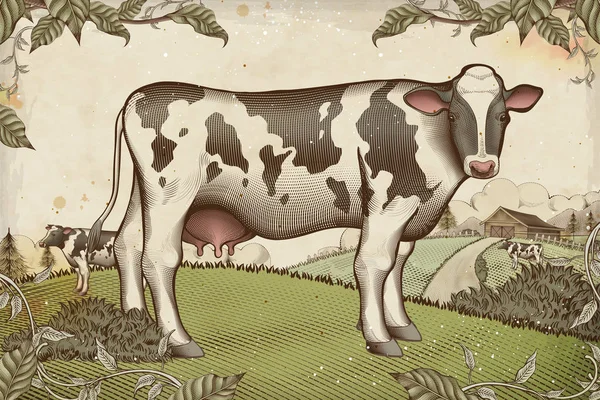 Bovini Latte Deliziosi Stile Incisione Terreni Agricoli — Vettoriale Stock