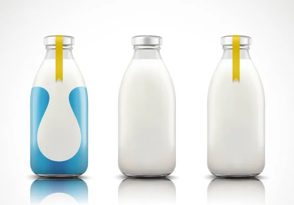 Cam Şişe Süt Süt Ile Resimde Boş Etiket — Stok Vektör