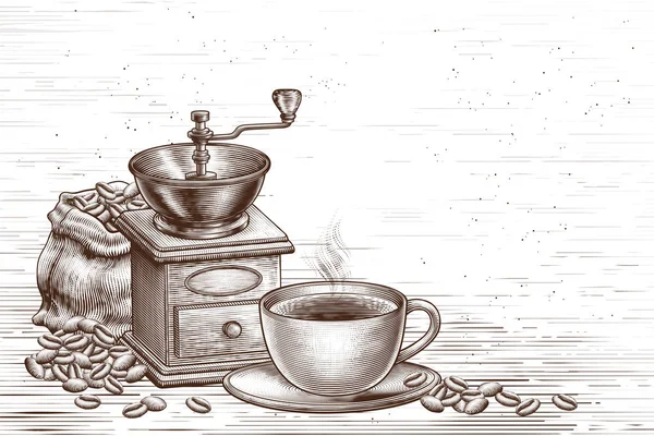 茶色で刻まれたレトロなコーヒー ショップ背景と白 — ストックベクタ