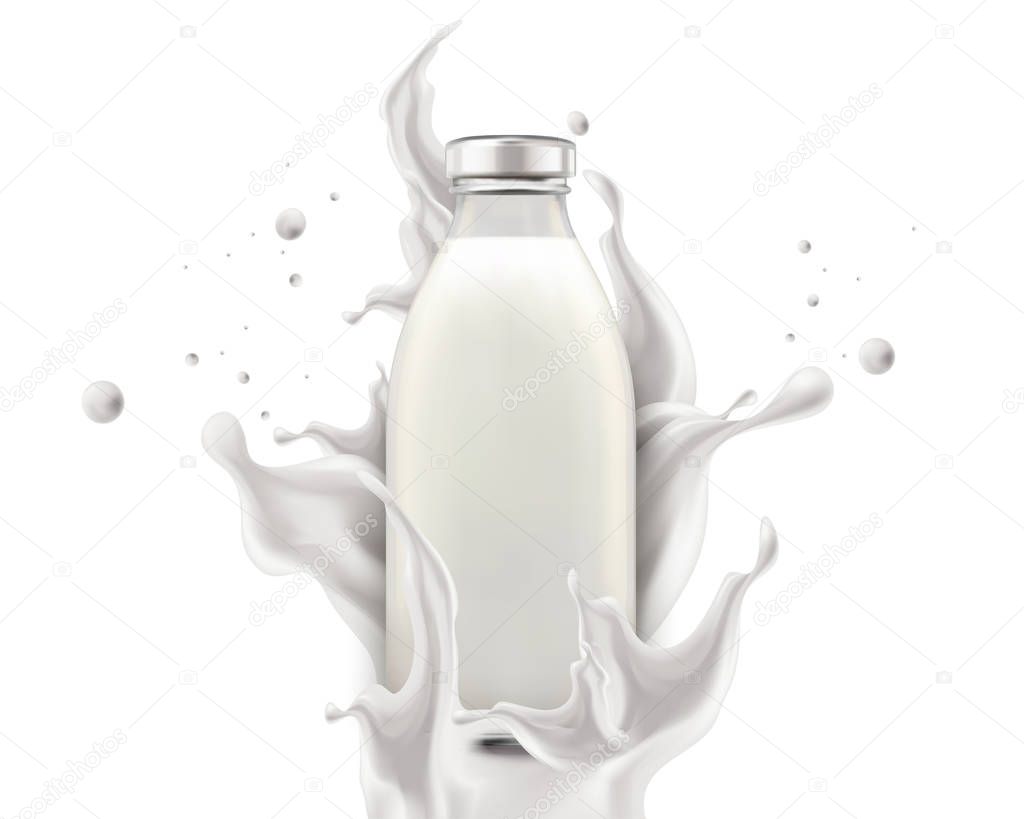 Blank bottle milk mockup with splashing liquid on white background in 3d illustration